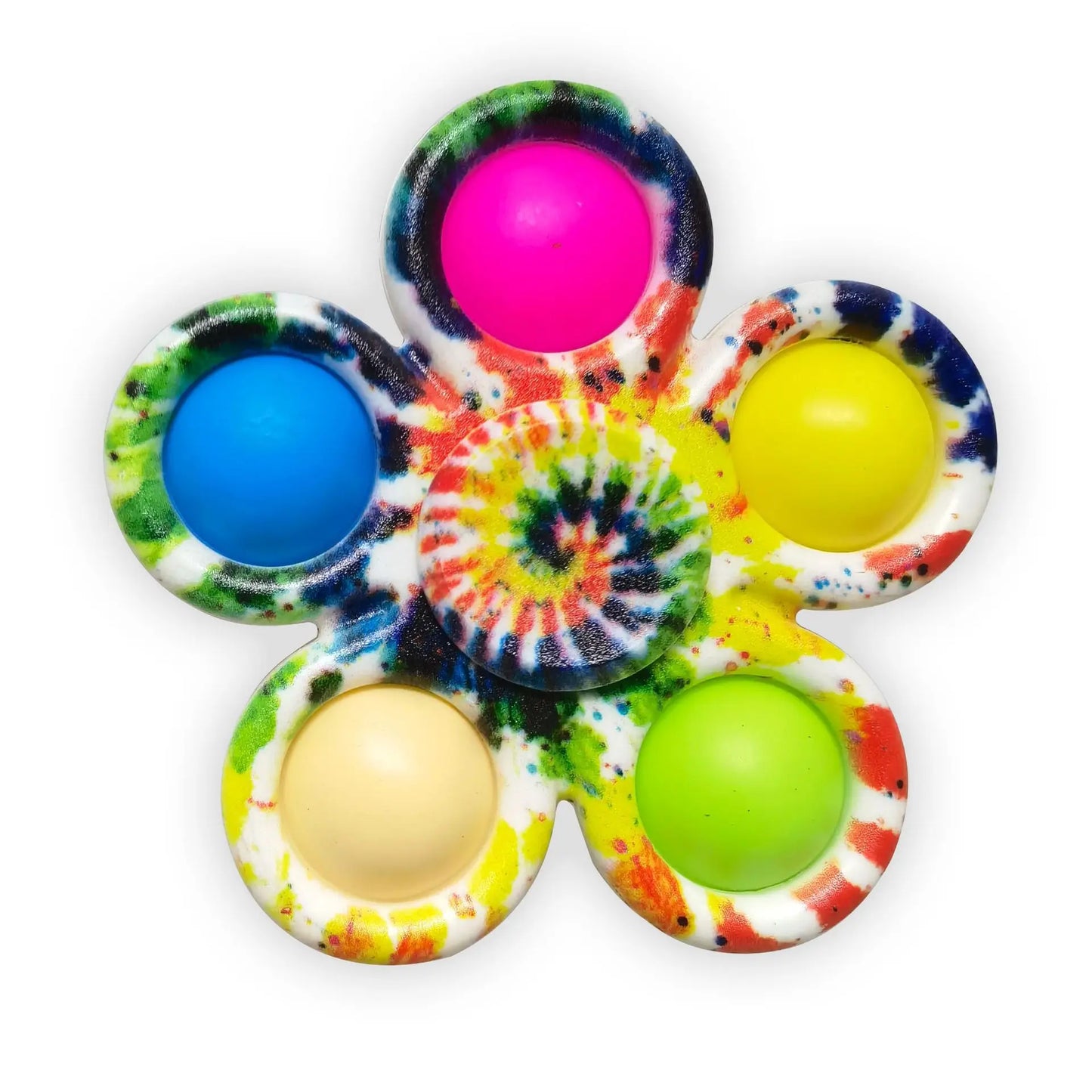 Tie dye fidget spinner in flower shape with colorful buttons for sensory play and stress relief