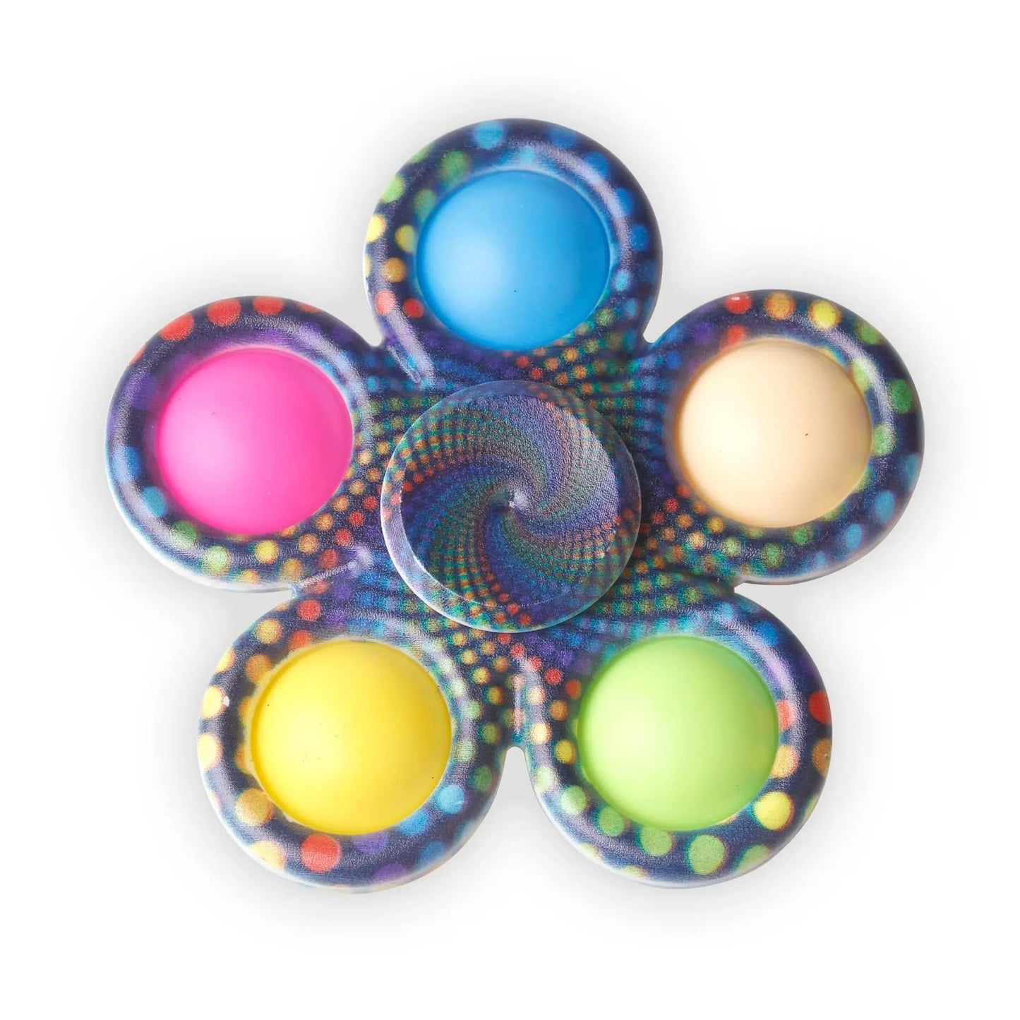 Colorful tie dye fidget spinner in flower shape with vibrant colors for stress relief and fun