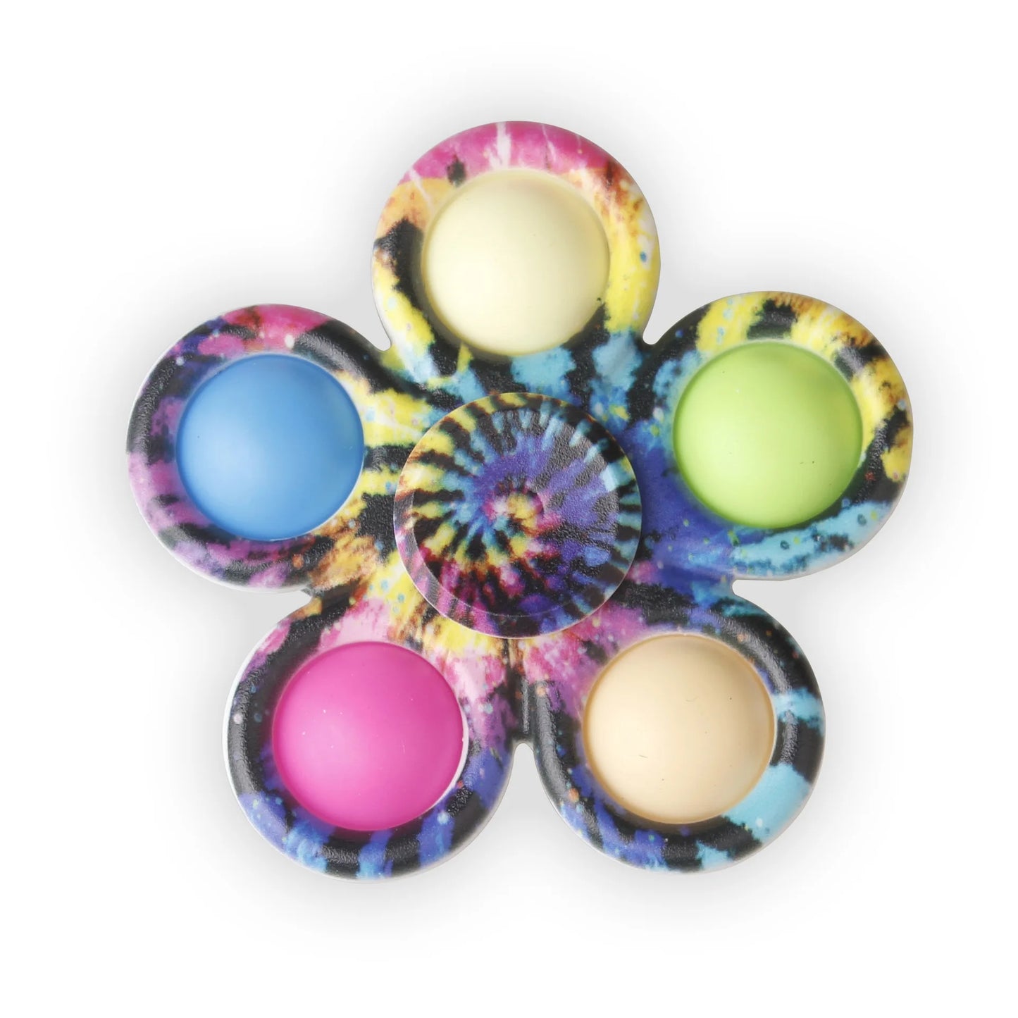 Colorful tie dye fidget spinner in a flower shape with five smooth spinning buttons