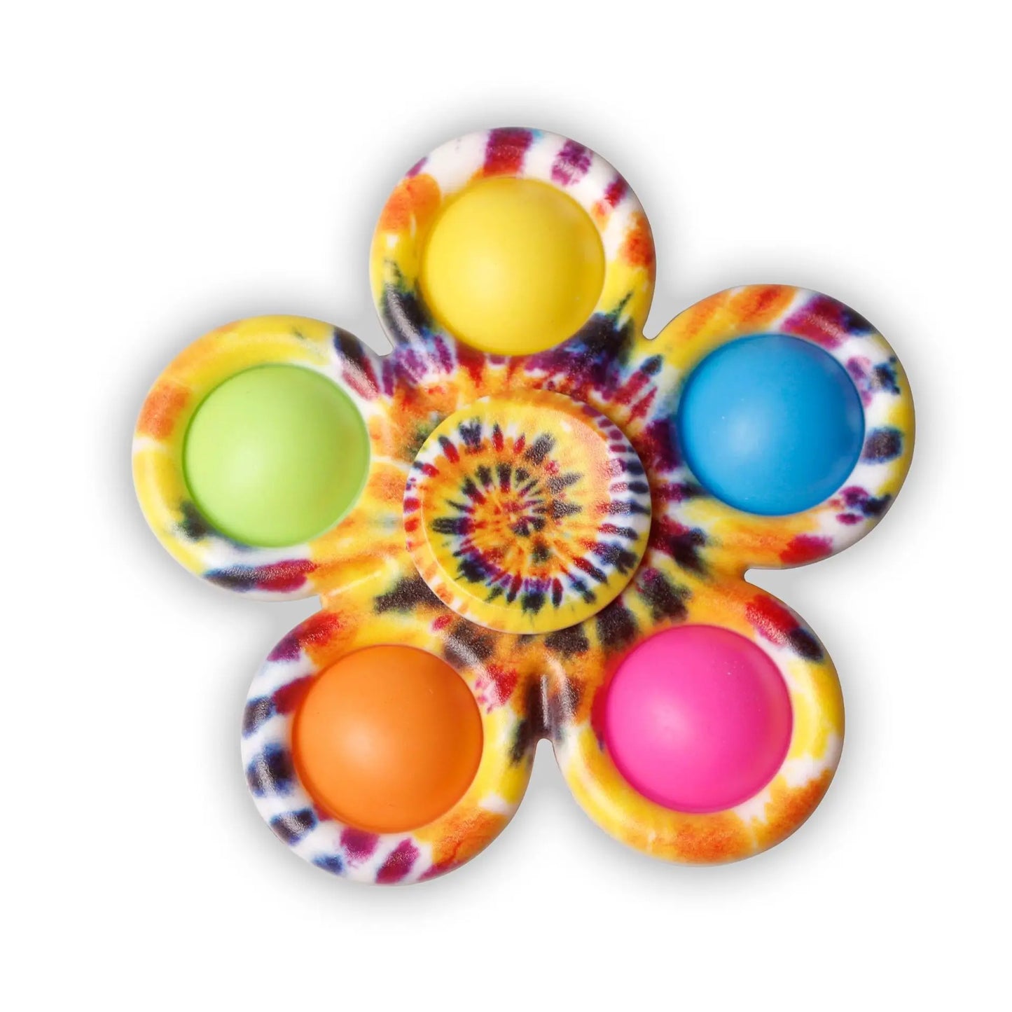 Colorful tie dye fidget spinner shaped like a flower with five buttons for sensory play