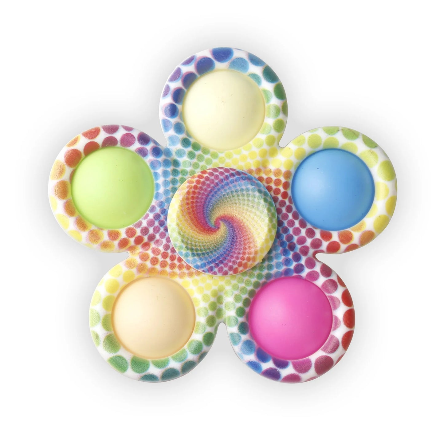 Colorful tie dye fidget spinner in a flower shape with multiple colorful buttons for stress relief