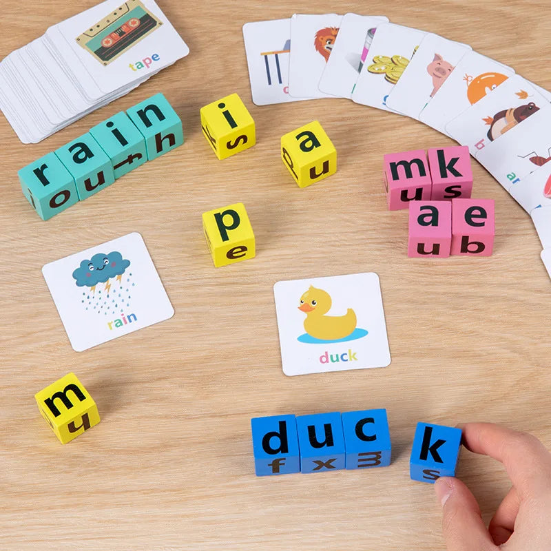 Montessori Toys wooden alphabet learning toy pieces in use with colorful cards on a wooden surface