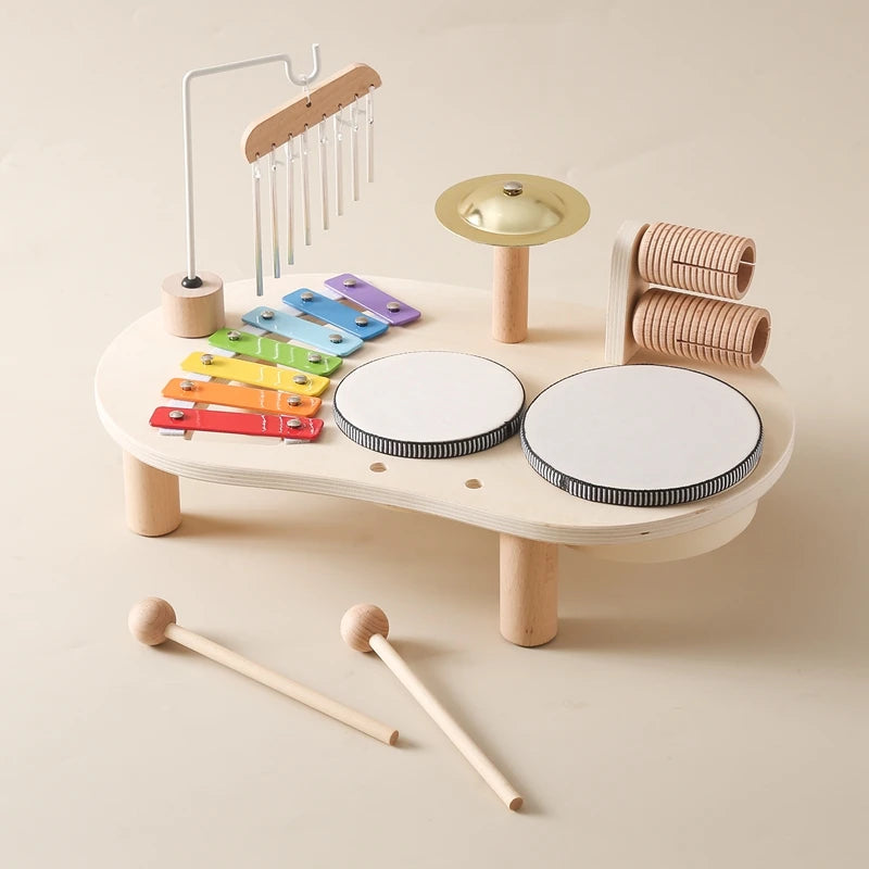 ActivePlaythings wooden mini band stand toy with drums, xylophone, and percussion instruments for kids