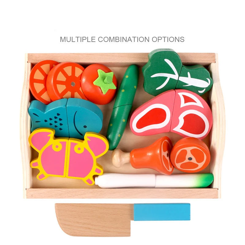 Colorful wooden play kitchen toys in a wooden tray with various food items for imaginative play