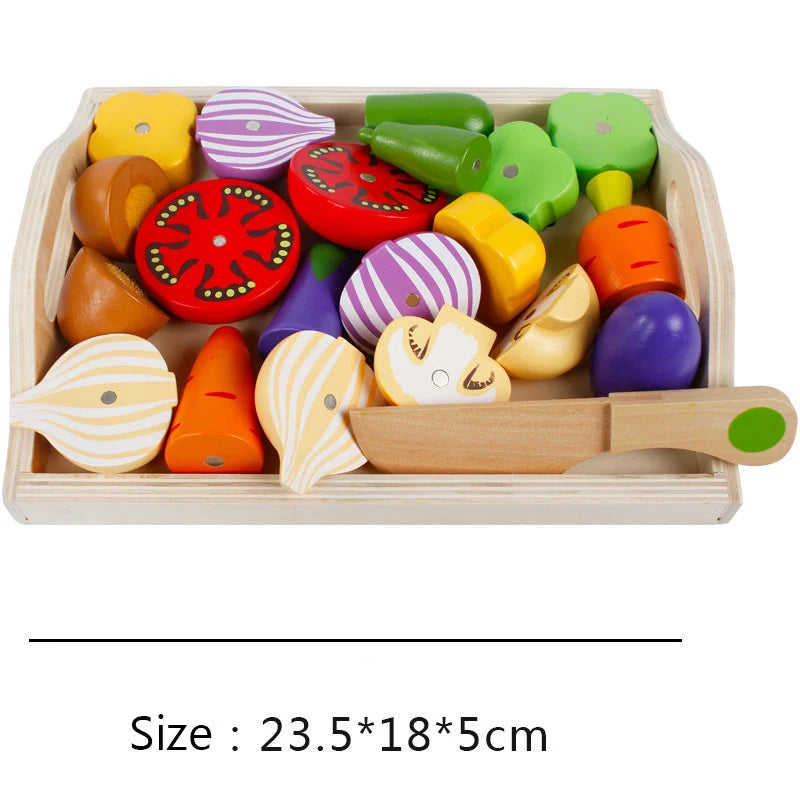 Colorful wooden play kitchen toys set with assorted fruits and vegetables for imaginative play