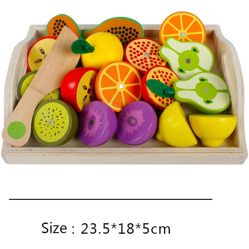 Wooden play kitchen toys set with vibrant fruits and vegetable pieces in a wooden tray for interactive play