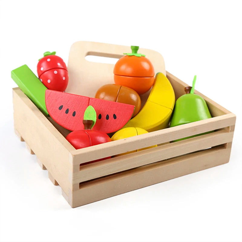 Colorful wooden play kitchen toys set in a wooden crate, featuring fruits and vegetables for imaginative play