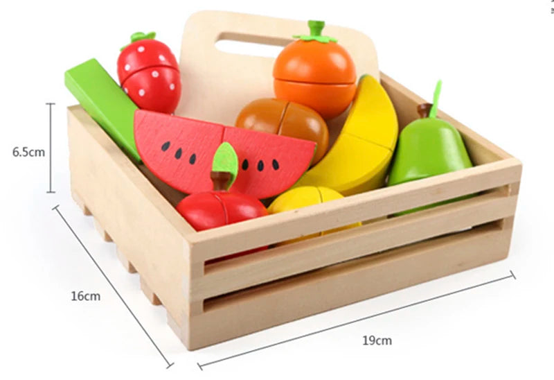 Colorful wooden play kitchen toys in a wooden crate for imaginative play and tactile fun