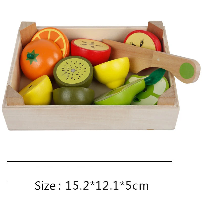 Colorful wooden play kitchen toys set including sliced fruits and a knife in a wooden tray