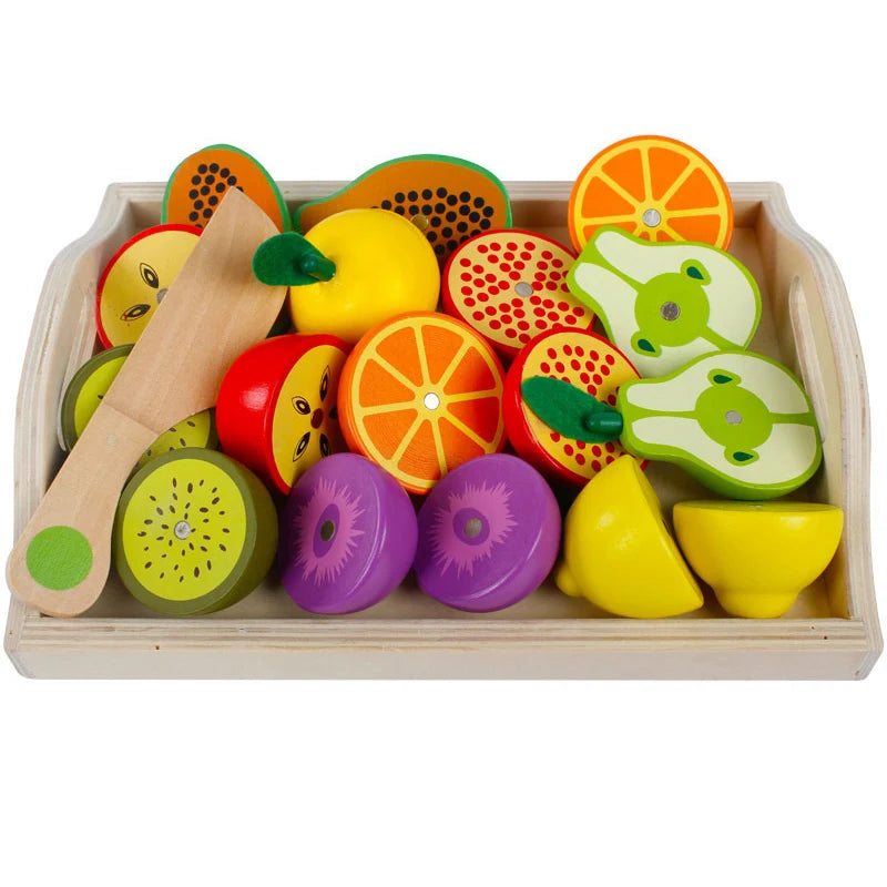 Wooden play kitchen toys set with colorful fruits and a wooden knife in a storage tray