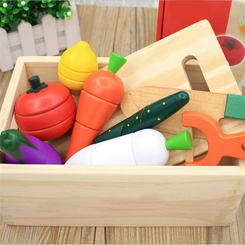 Colorful wooden play kitchen toys in a storage box for imaginative cooking and role play