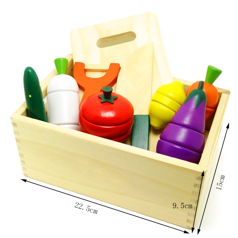 Wooden play kitchen toys set with colorful vegetables in a wooden storage box for creative play
