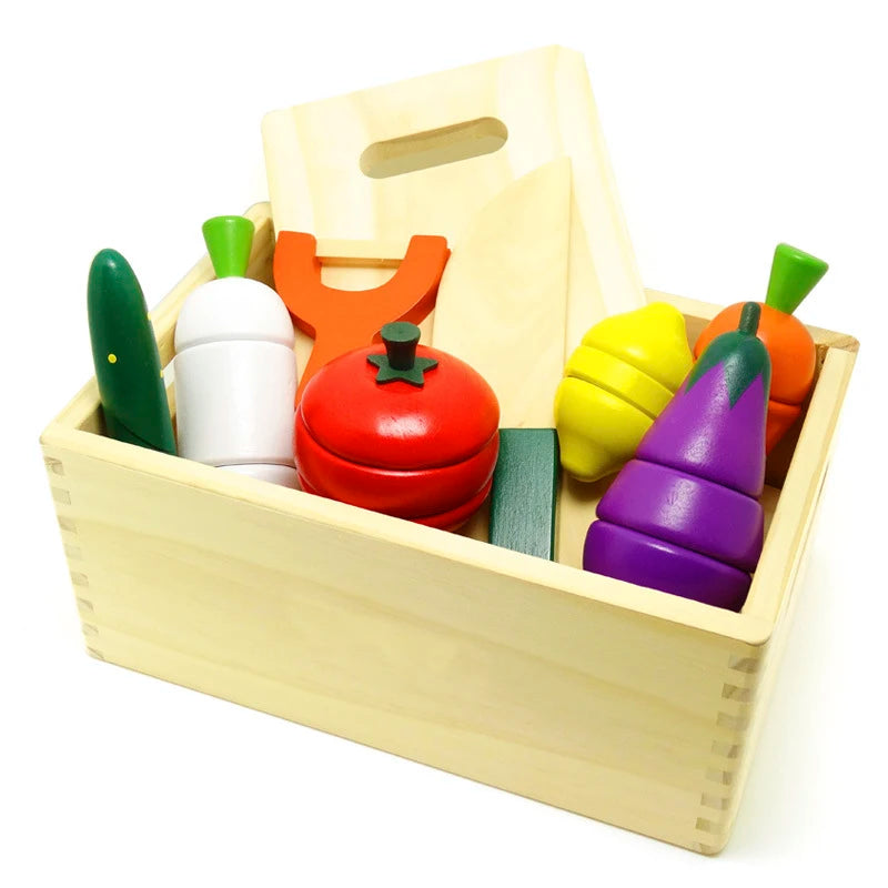 Wooden play kitchen toys in a natural wood crate, featuring colorful fruits and vegetables