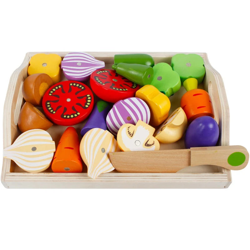 Colorful wooden play kitchen toys set with fruits and vegetables, perfect for imaginative play