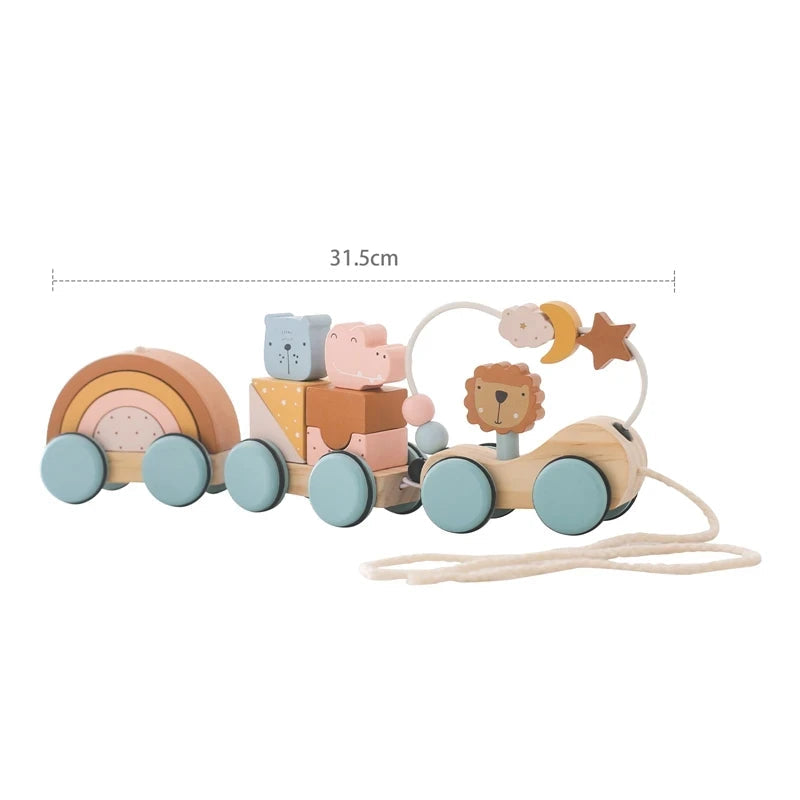 Colorful wooden pull train toy with animal figures and rainbow for imaginative play