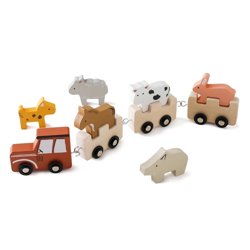 Wooden train educational toy featuring farm animals and a red tractor for toddlers
