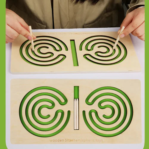 Child playing with wooden maze Montessori toys demonstrating what are Montessori toys for cognitive development