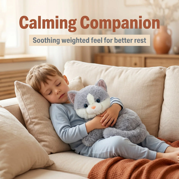 Long-arm weighted plush draped over a person's lap for deep pressure comfort