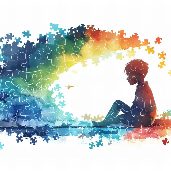 Colorful puzzle pieces forming a silhouette of a child, illustrating how to explain autism to kids