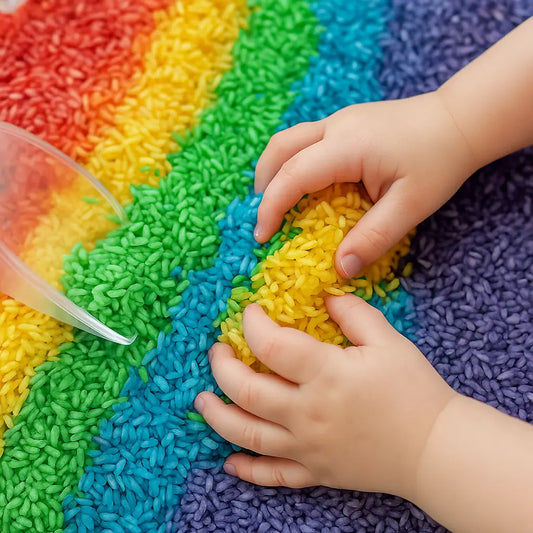 Child's hands playing with colorful layered rice in a rainbow rice sensory play recipe activity