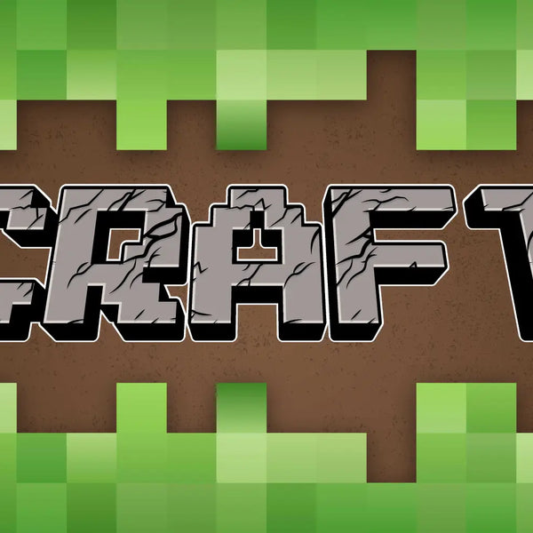 Minecraft style text art spelling craft with blocky green and brown pixel background magnetic cubes vs magnetic tiles