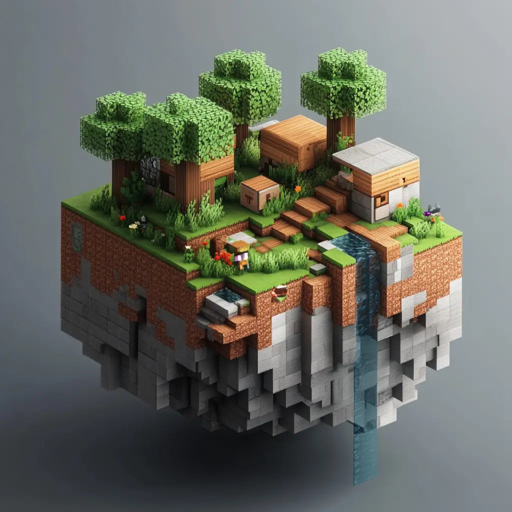 3D Minecraft style floating island with trees, houses, and waterfall illustrating benefits of magnetic blocks for kids