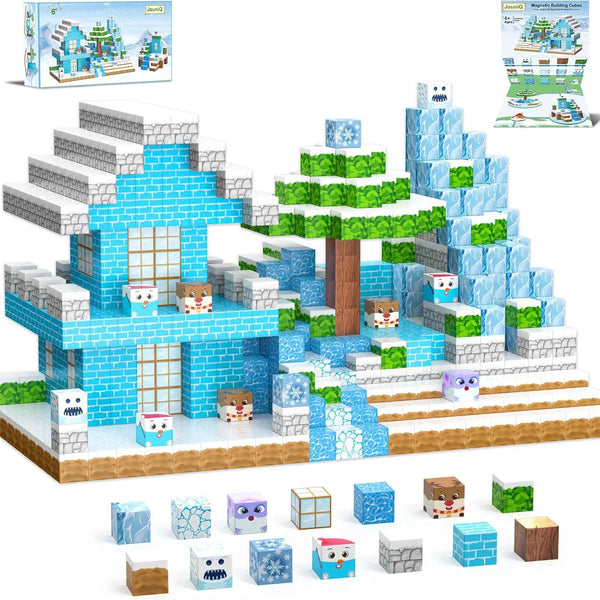 Creative unique builds with magnetic blocks tiles featuring a blue house, trees, mountains, and character cubes