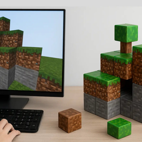 Magnetic Minecraft blocks for kids displayed next to computer screen showing Minecraft terrain