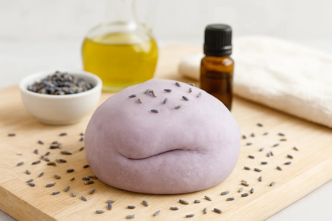 Soft purple scented sensory dough with dried lavender and essential oil on wooden board