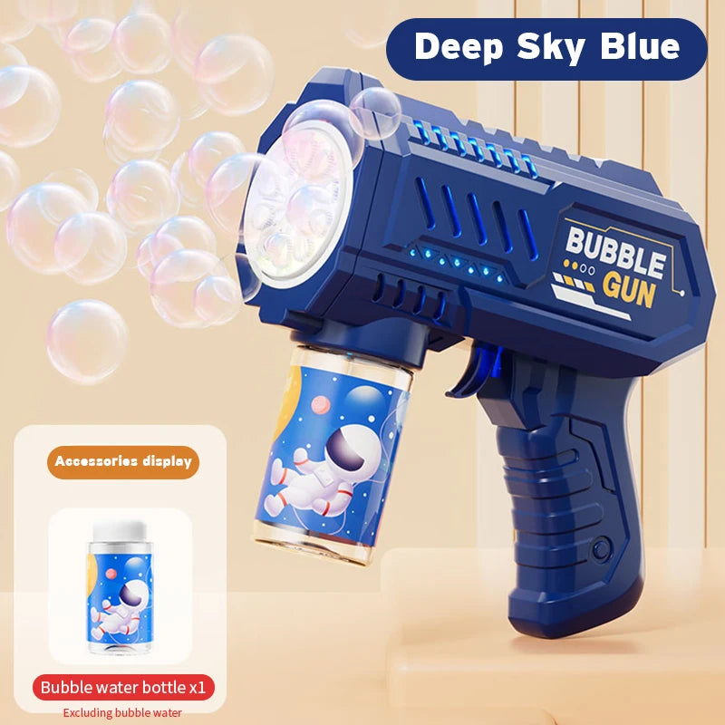 Deep Sky Blue 10-hole bubble gun with bottle, perfect for outdoor fun and bubble play