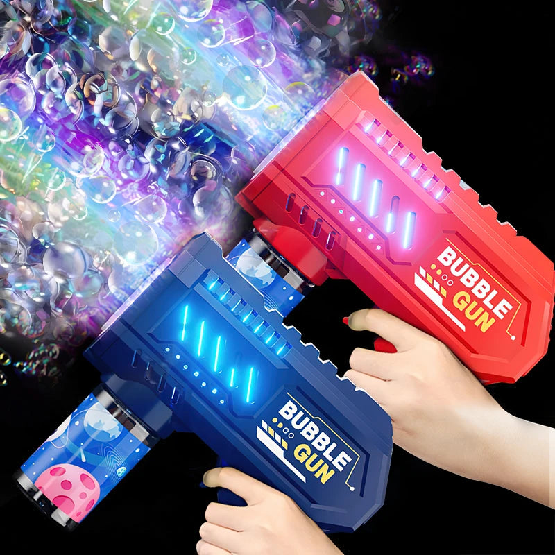 Two colorful 10-hole bubble guns with LED lights producing a stream of bubbles