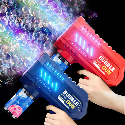 Two colorful 10-hole bubble guns with LED lights producing a stream of bubbles