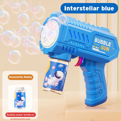 Interstellar blue 10-hole bubble gun with a bottle and bubbles for outdoor play