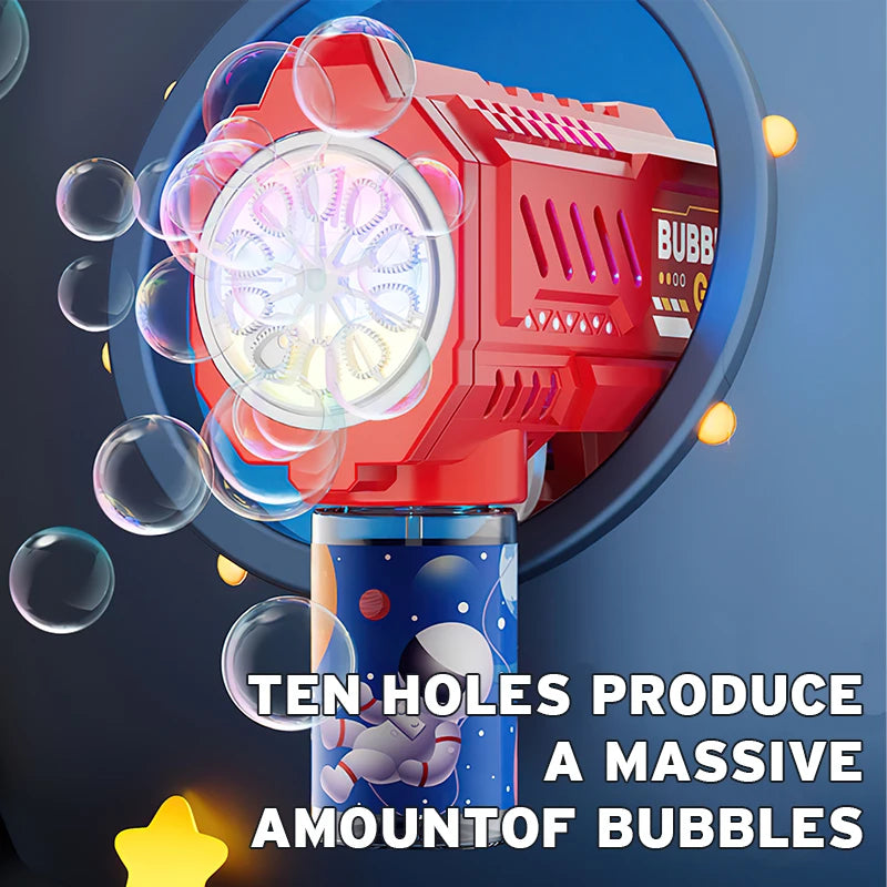10-hole bubble gun by Active Playthings creating a stream of colorful bubbles for outdoor fun