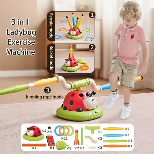 3-in-1 ladybug activity machine for kids featuring jumping rope, rocket mode, and ferule mode