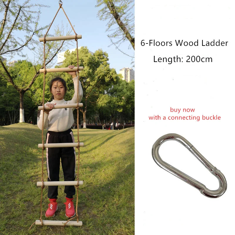 6-rung wooden rope ladder for kids with carabiner