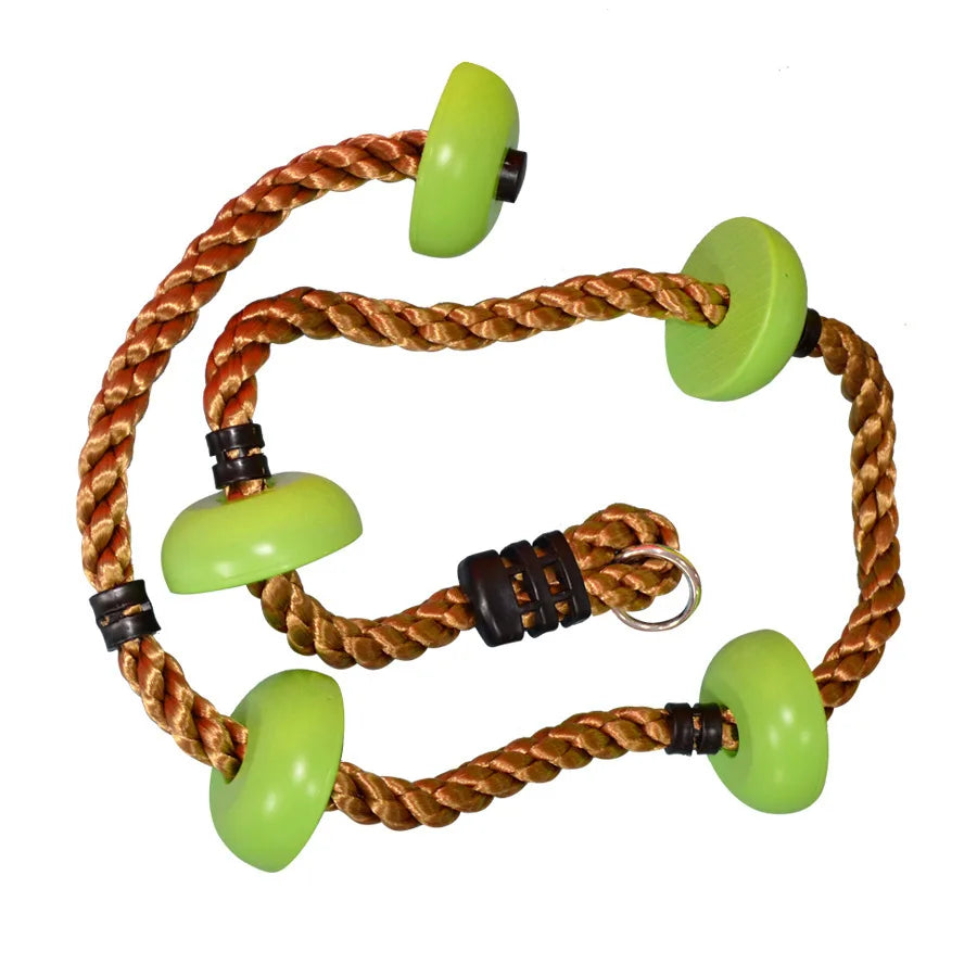 Green disc climbing rope with five disc footholds