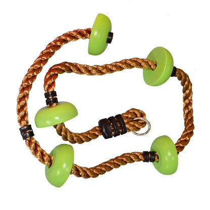 Green disc climbing rope with five disc footholds