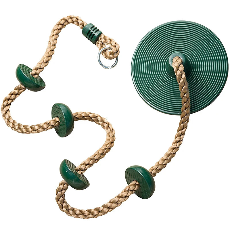 Green disc seat swing with knotted climbing rope