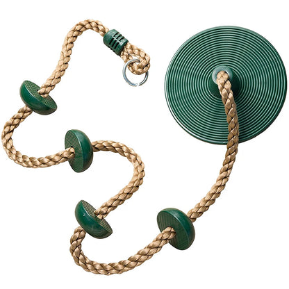 Green disc seat swing with knotted climbing rope