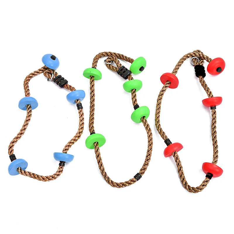 Kids climbing rope swing with disc footholds, view 2