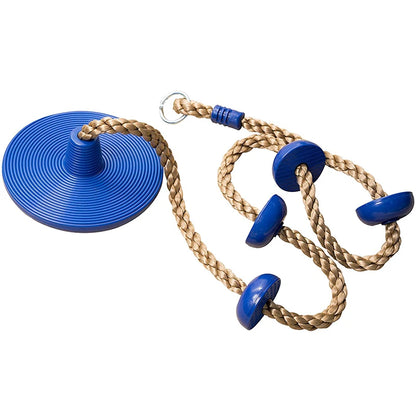 Blue disc seat swing with knotted climbing rope