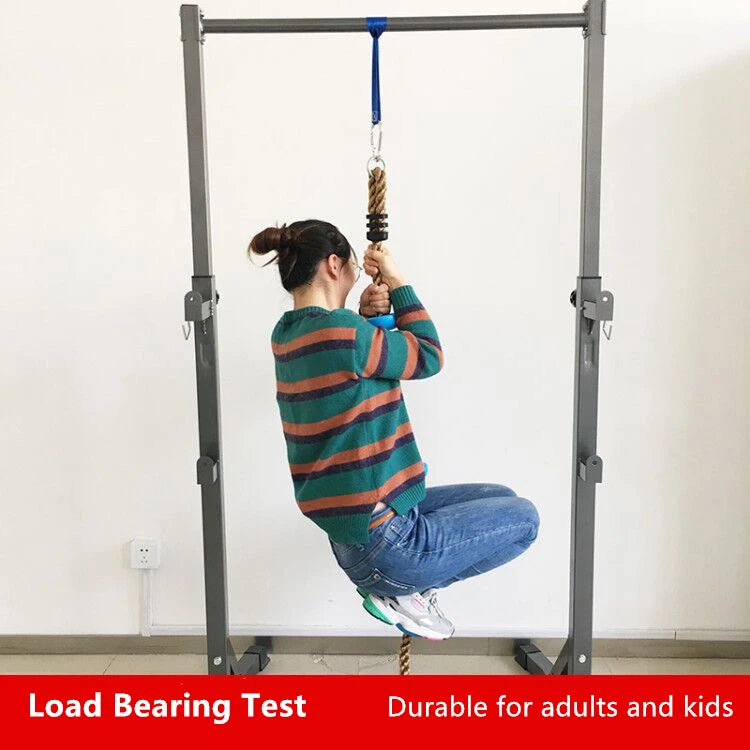 Kids climbing rope swing with disc footholds, view 3