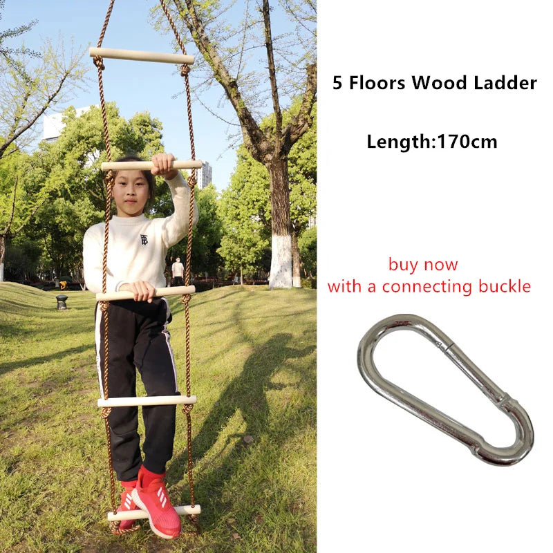 5-rung wooden rope ladder for kids with carabiner