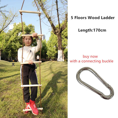 5-rung wooden rope ladder for kids with carabiner