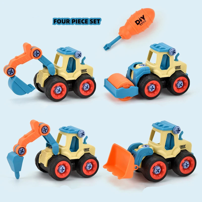 DIY Toddler Set of 4 Engineering Vehicles: Excavators, Bulldozers, Ground Drills, Road Rollers