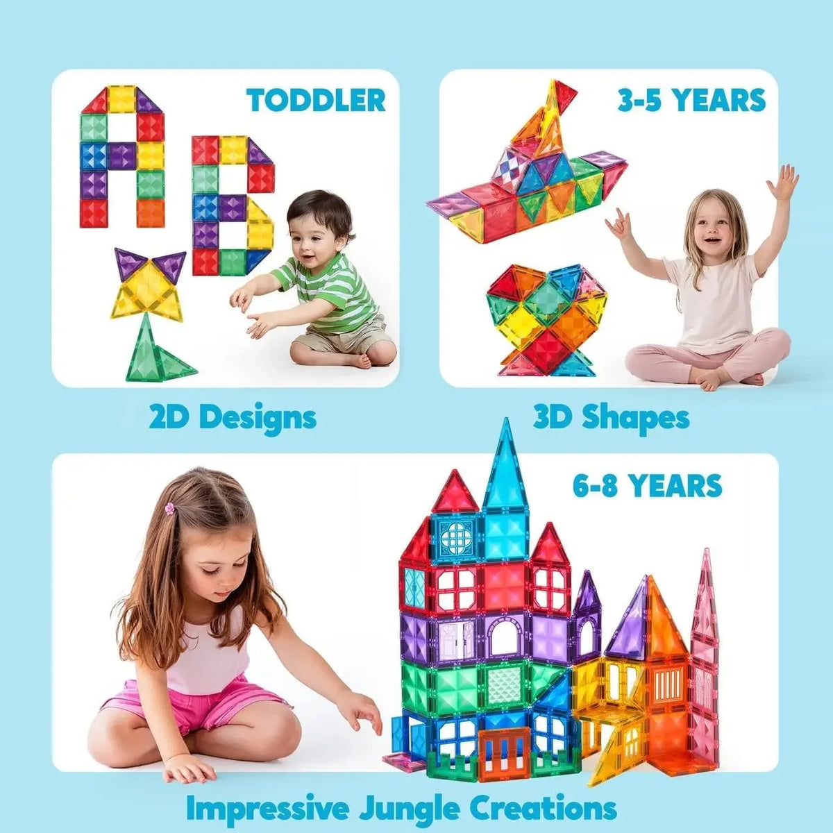 Child building a tower with magnetic building tiles