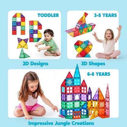 Child building a tower with magnetic building tiles