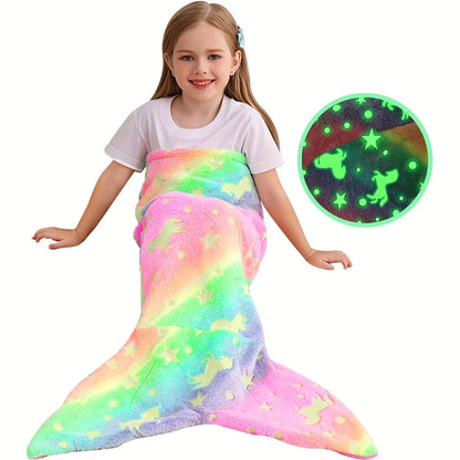 Cartoon Rainbow Mermaid Tail Blanket Super Soft Glow in The Dark