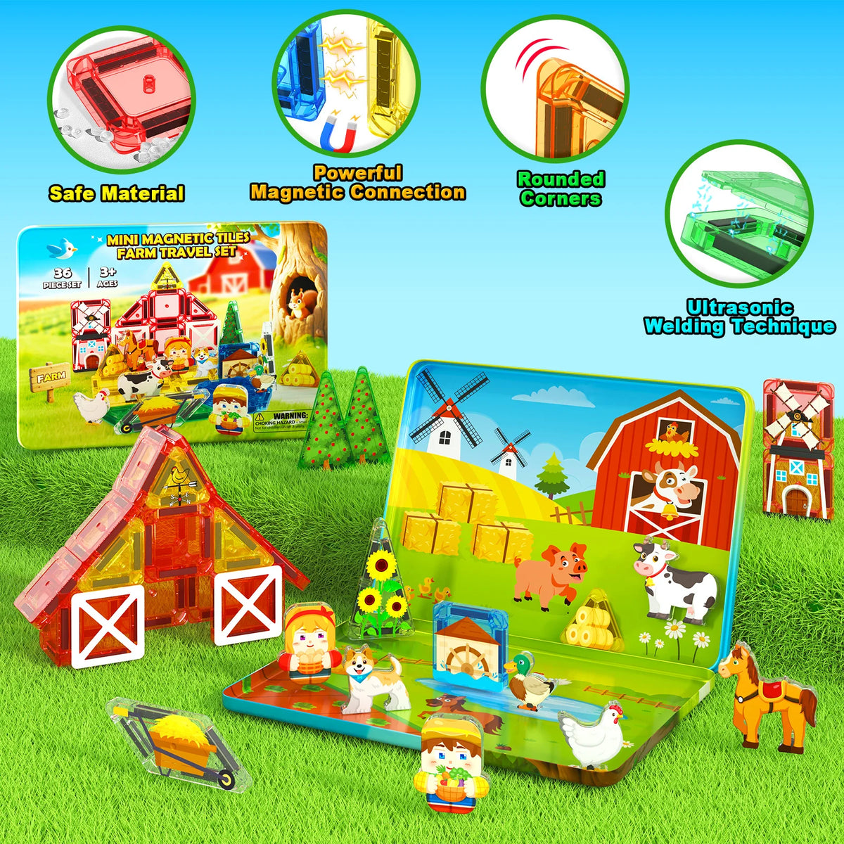 Child playing with magnetic tiles farm travel set